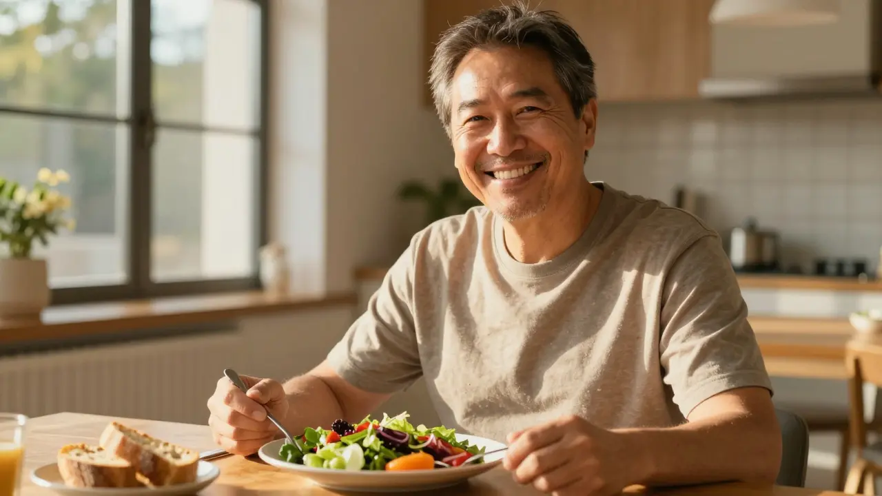 Knižní záběr na spokvalněného člověka s novým úsměvem při jídle v domácím prostředí.