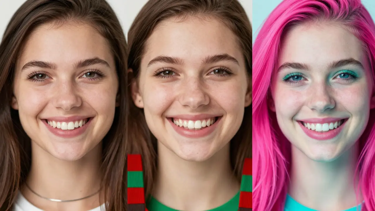 Koláž různých barevných kombinací gumiček na rovnátkách