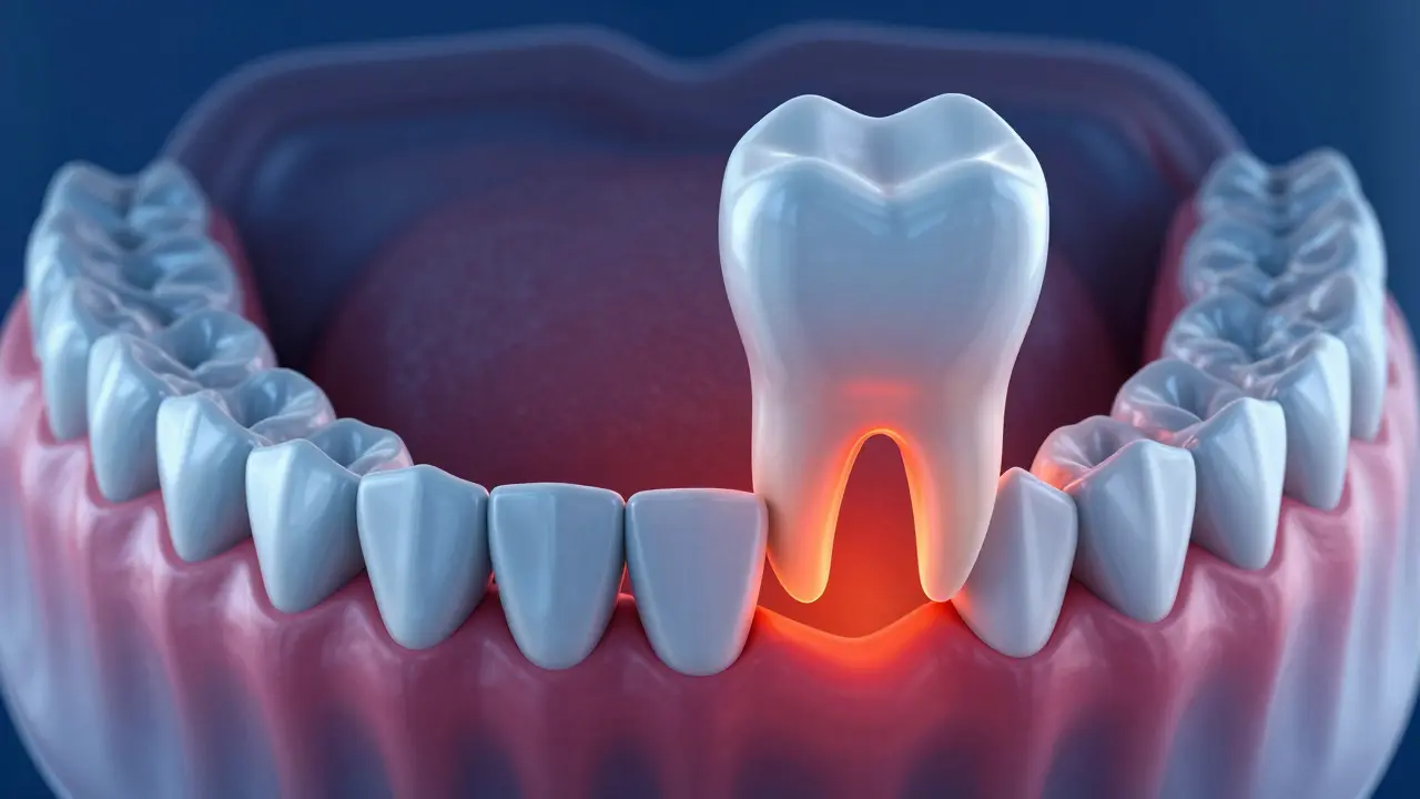 Konceptuální 3D zobrazení šikmého zubu moudrosti způsobujícího tlak a zánět.