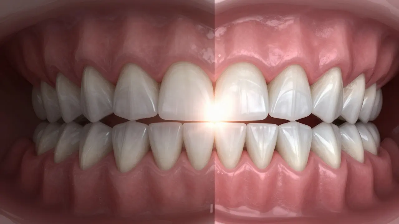 Konceptuální srovnání nemocných dásní s parodontózou a zdravého, regenerovaného chrupu.