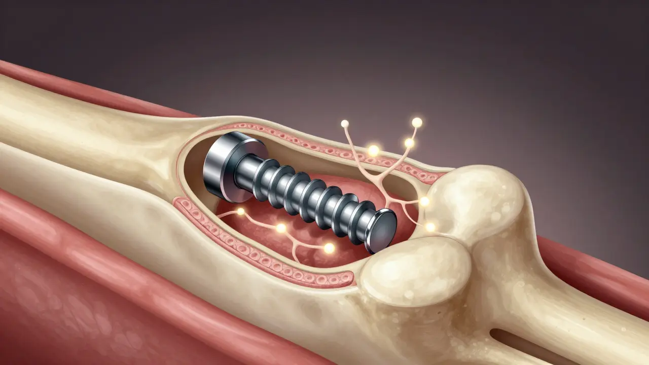 Konceptuální znázornění srostu titanového implantátu s kostí čelisti