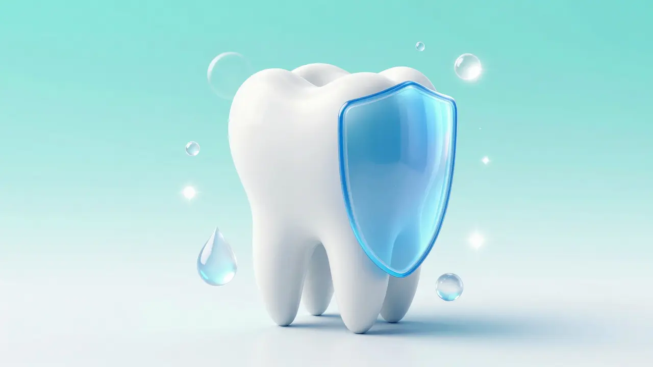 Konceptuální zobrazení ochrany dětského zubu pomocí fluoridů.