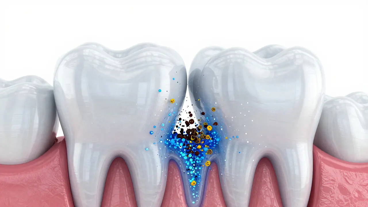 Konceptuální zobrazení procesu bělení zubů a rozpouštění pigmentů v dentinu.