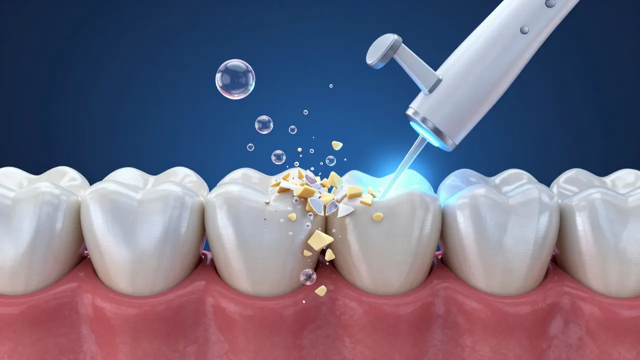 Konceptuální zobrazení ultrazvukových bublinek rozbívajících zubní kámen.