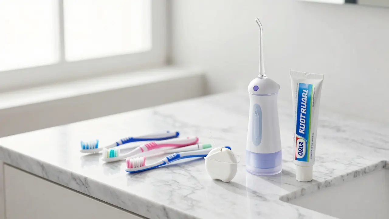 Mezizubní kartáčky, nit a irigátor na mramorovém pultu v koupelně.