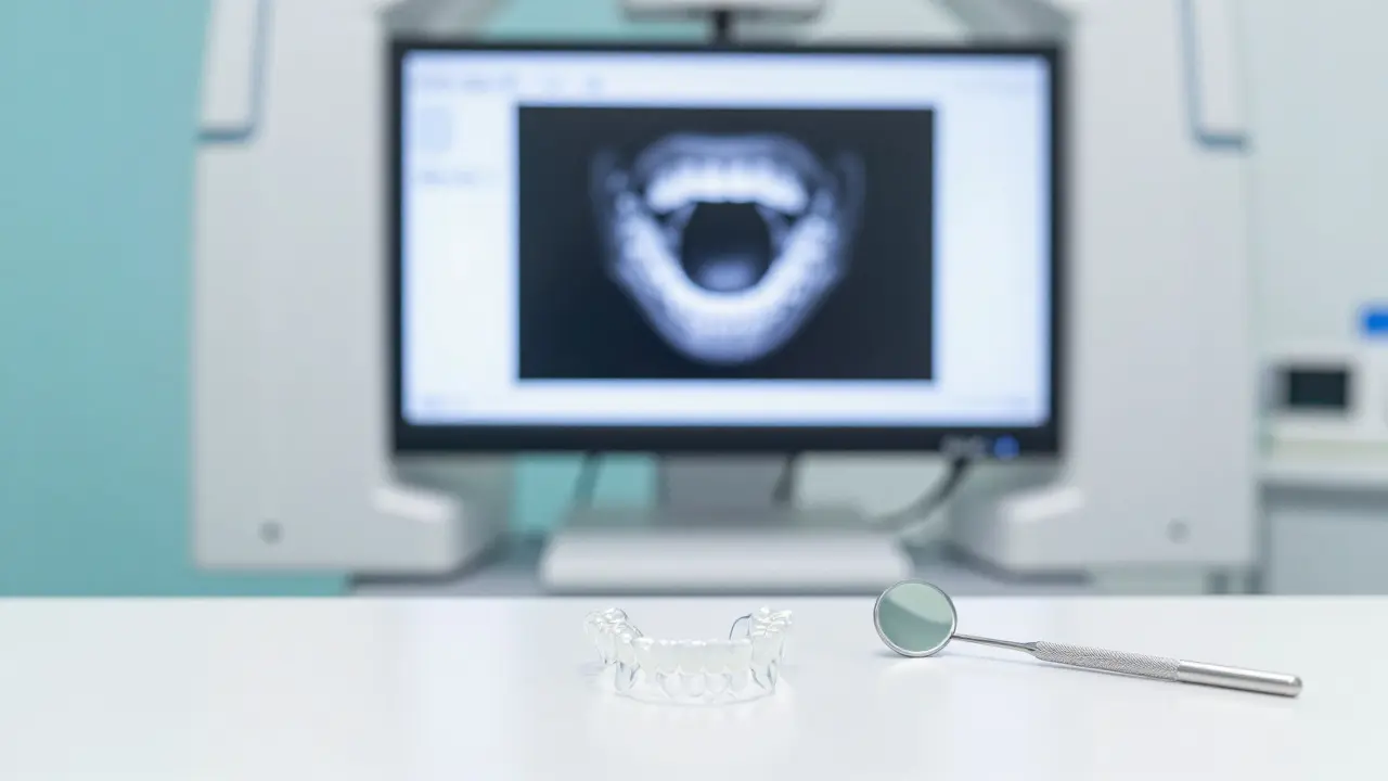 Ortodontické alignery a rentgenový snímkem v moderní ordinaci.