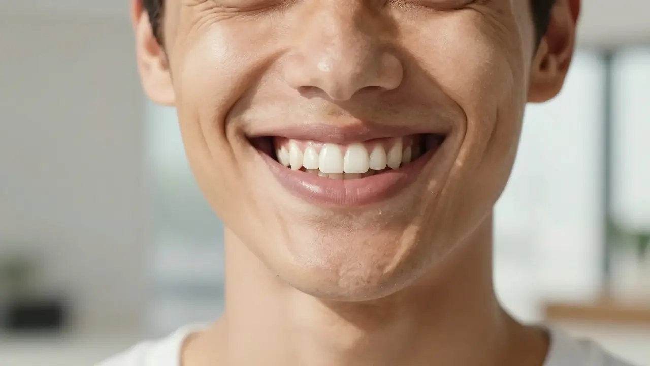 Portrét člověka s přirozeným a zdravým úsměvem v jasném denním světle.