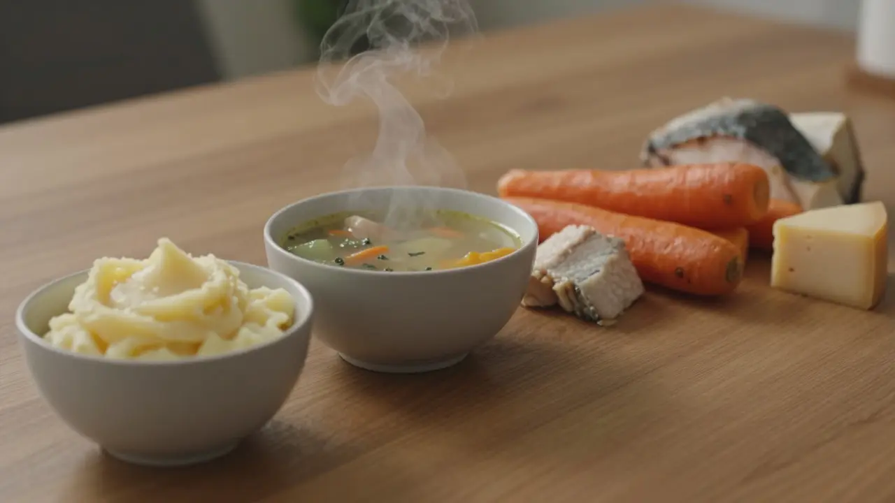 Postupné přechody od měkkého jídla k tužším potravinám v miskách na stole.