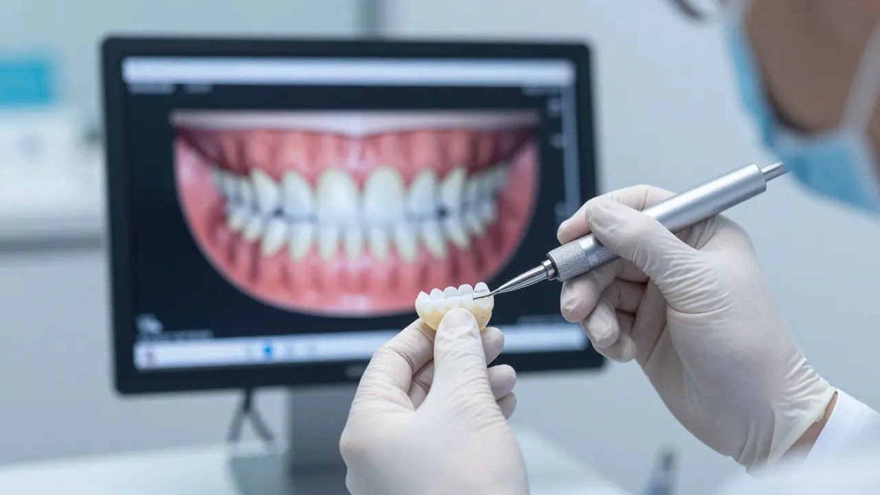 Proces zkoušky provizorního tvaru faset, tzv. Mock-up, v moderní ordinaci.