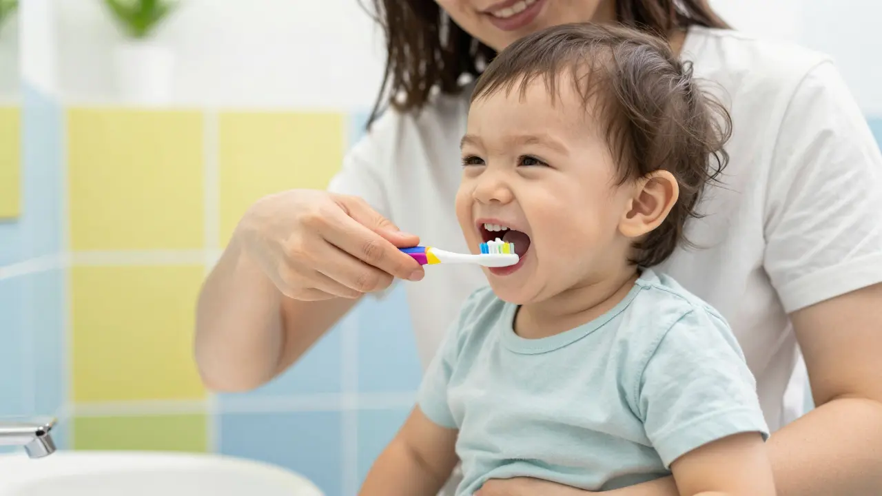 Rodič s úsměvem čistí zuby batolete v koupelně.