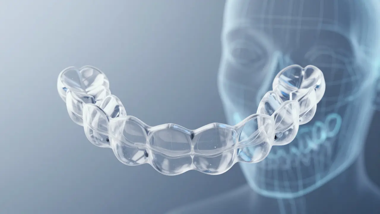 Série průhledných plastových alignerů Invisalign s digitálním 3D plánem čelistí v pozadí.