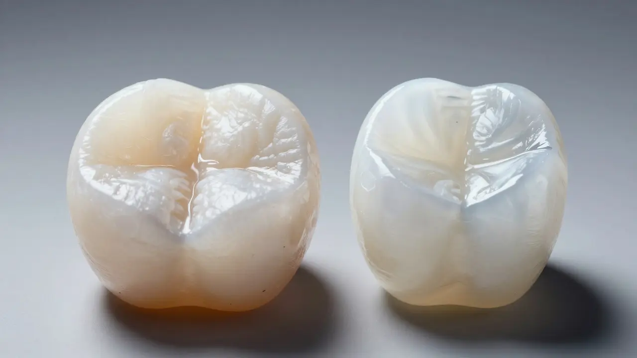 Srovnání opacity kompozitní fasety a průsvitnosti keramického plátku.