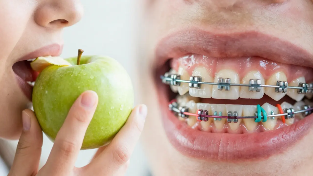 Srovnání svobody jídla u alignerů a stability pevných kovových rovnátek.