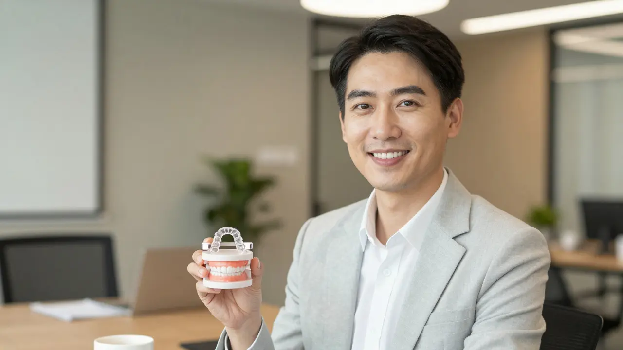 Úsměv sebevědomého profesionála v kanceláři s téměř neviditelnými alignery.