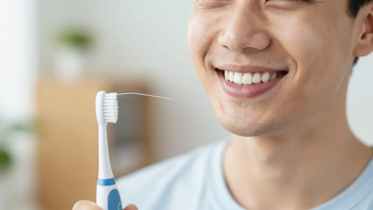 Zdravý a bílý úsměv s pomůckami pro každodenní dentální hygienu v pozadí.