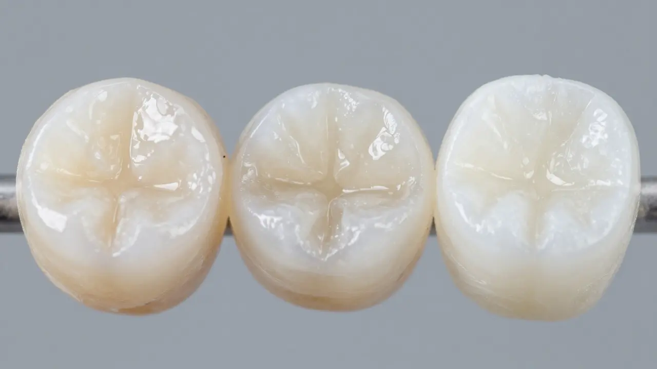 Close-up comparison of composite, ceramic, and zirconia textures
