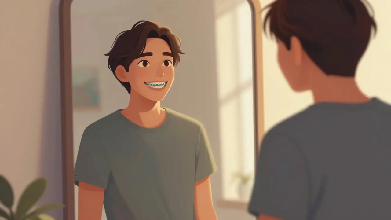 Konceptuální ilustrace sebevědomého úsměvu s barevnými gumkami