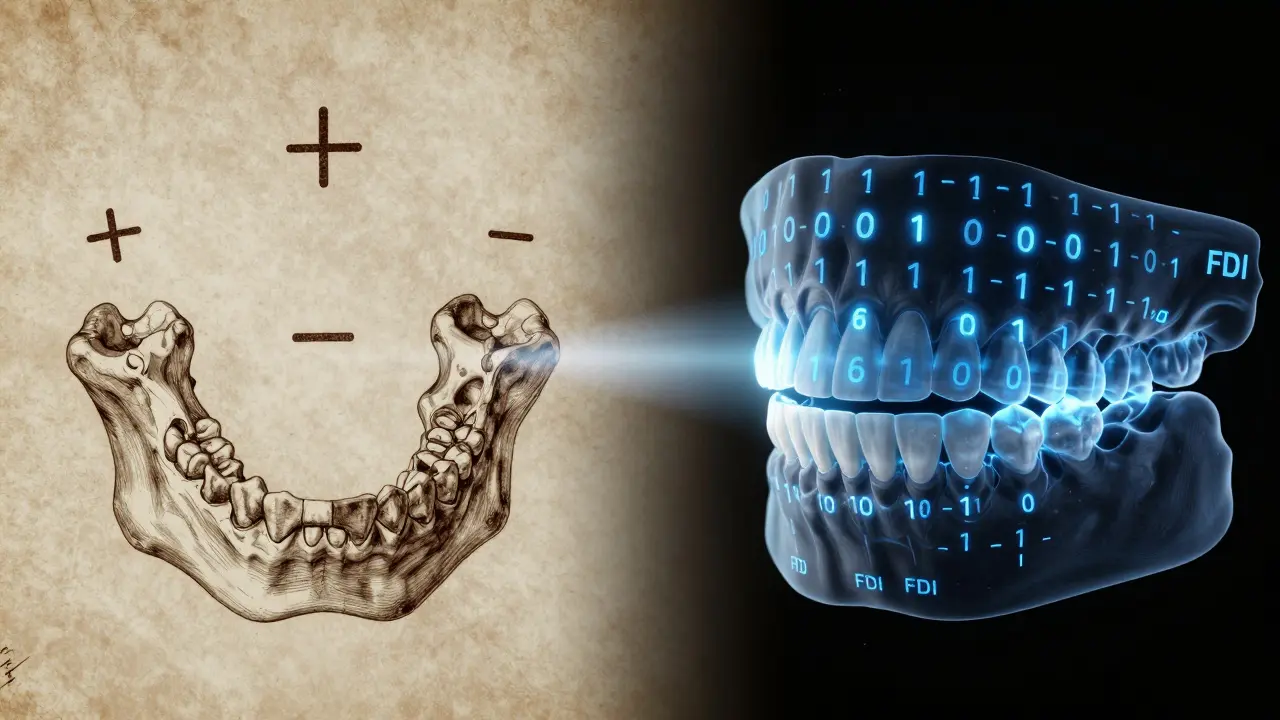Kontrast mezi starým historickým a moderním digitálním systémem označování zubů.