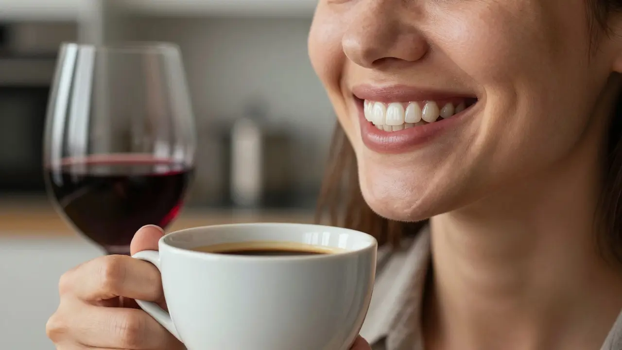 Person smiling with coffee, showing stain-resistant veneers