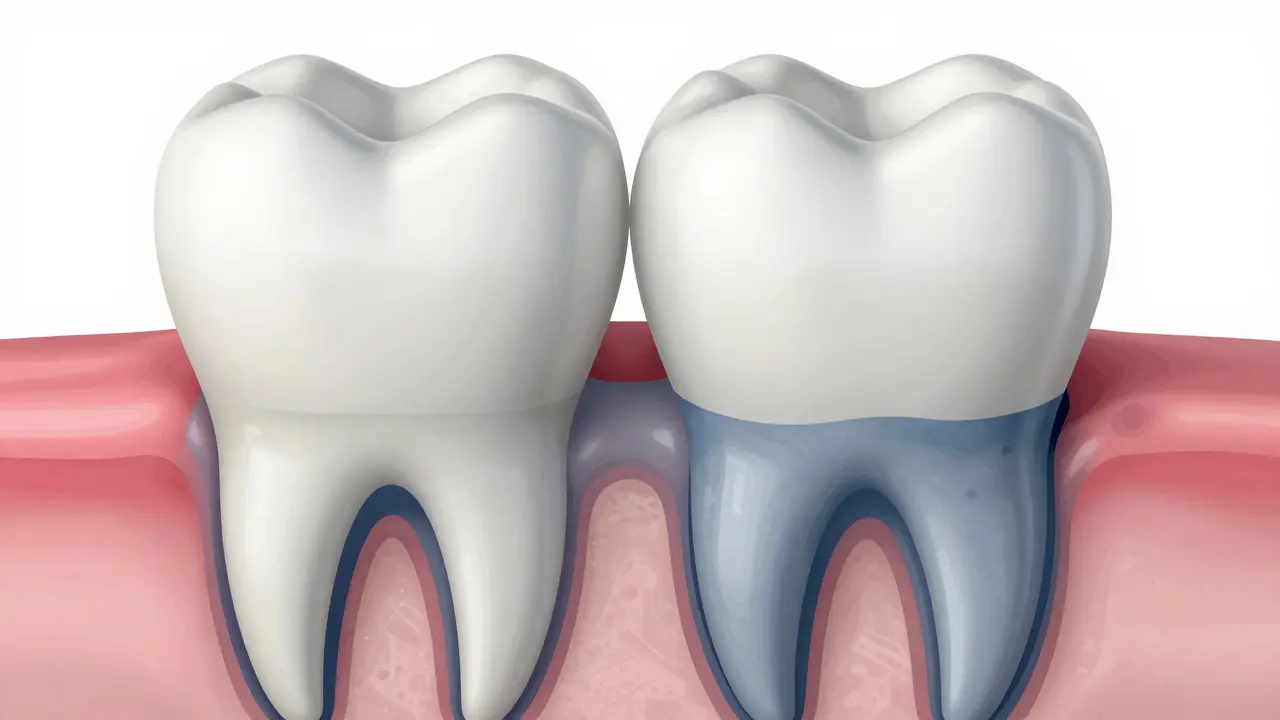 Schéma zubu s modrými skvrnami hluboko v dentinu