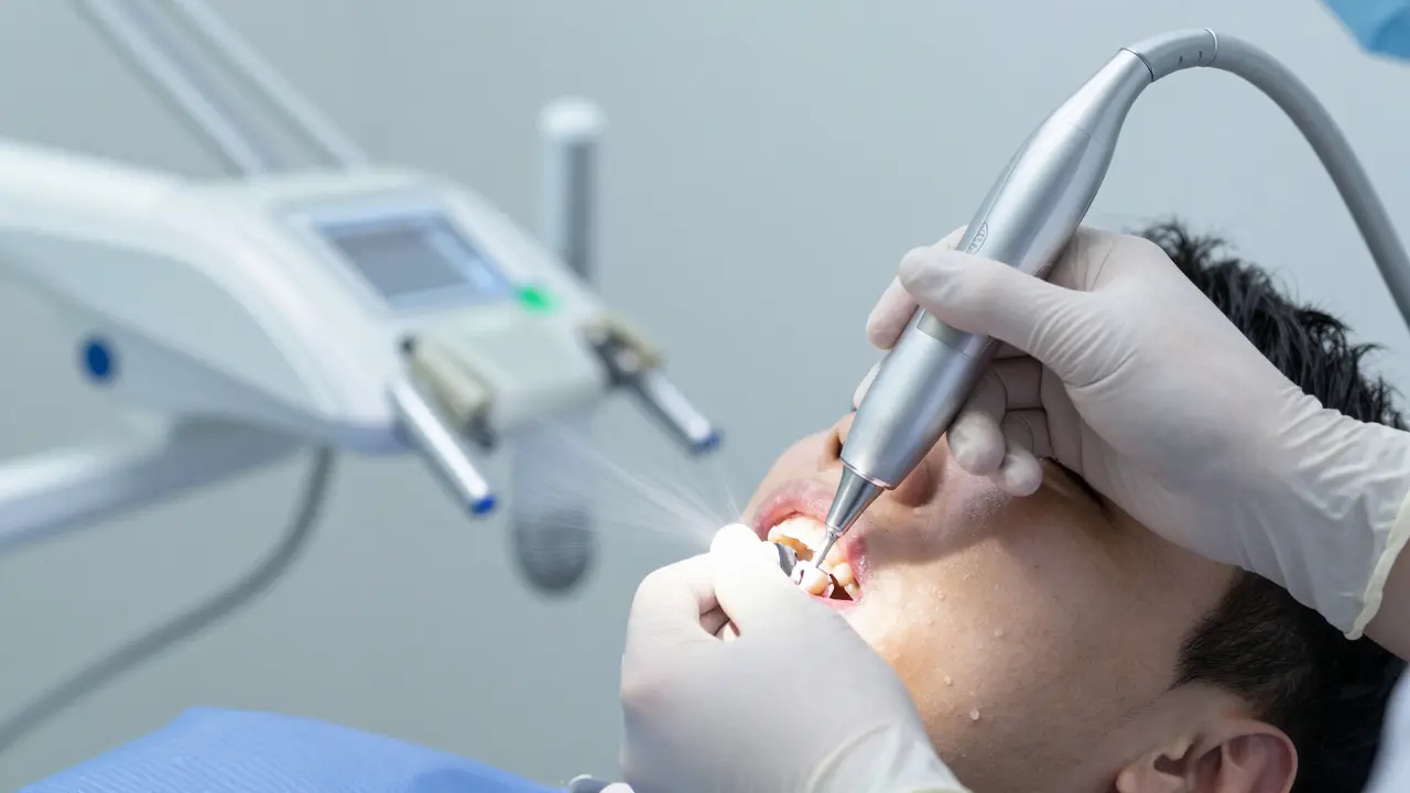 Zubní hygienista používající ultrazvukový skalpel k čištění zubů