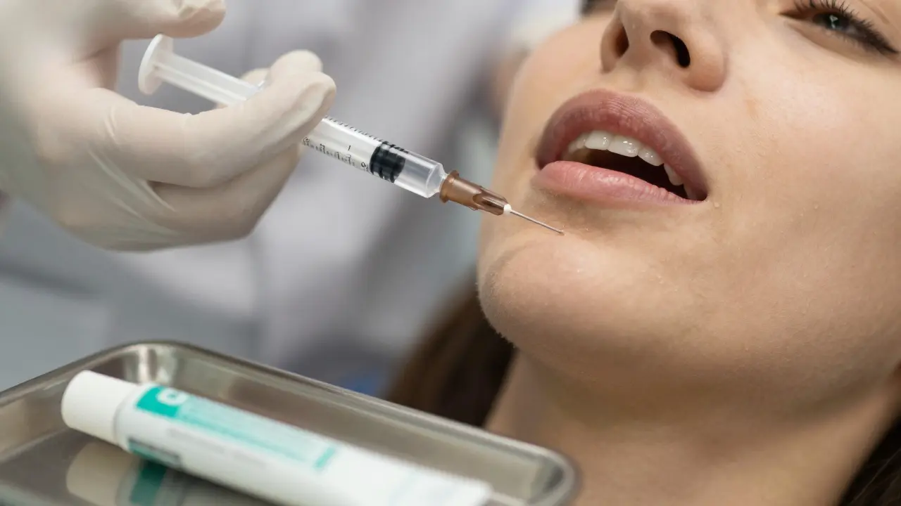 Zubní lékař připravuje injekci s mrazivým gelem na podnose