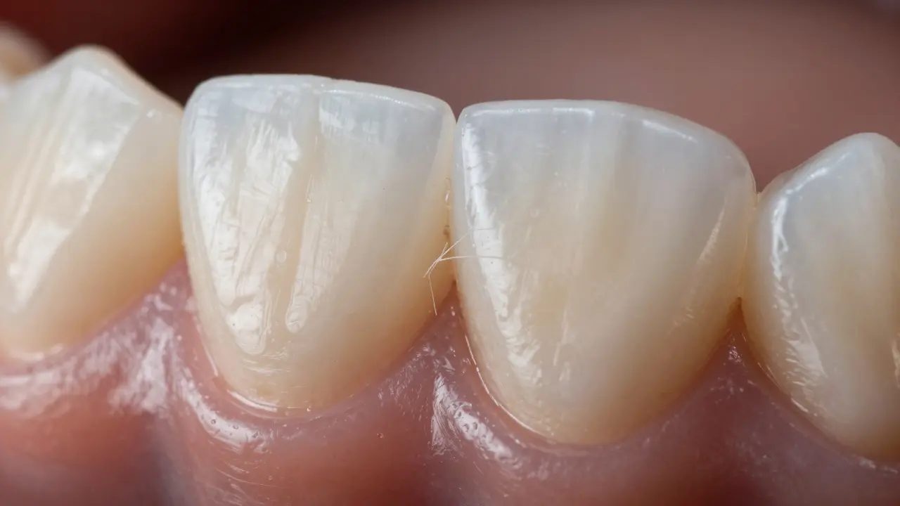 Detail keramické fazety přiléhající na přírodní zub