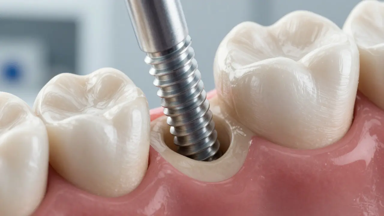 Detailní záběr titanového implantátu integrovaného do kostní tkáně