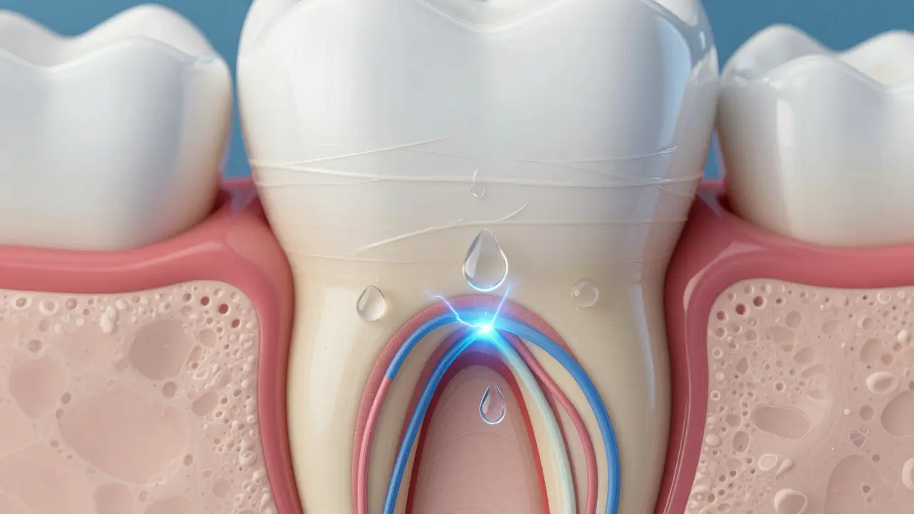 Makro záběr struktury zubu s viditelnými kanálky v dentinu a nervem