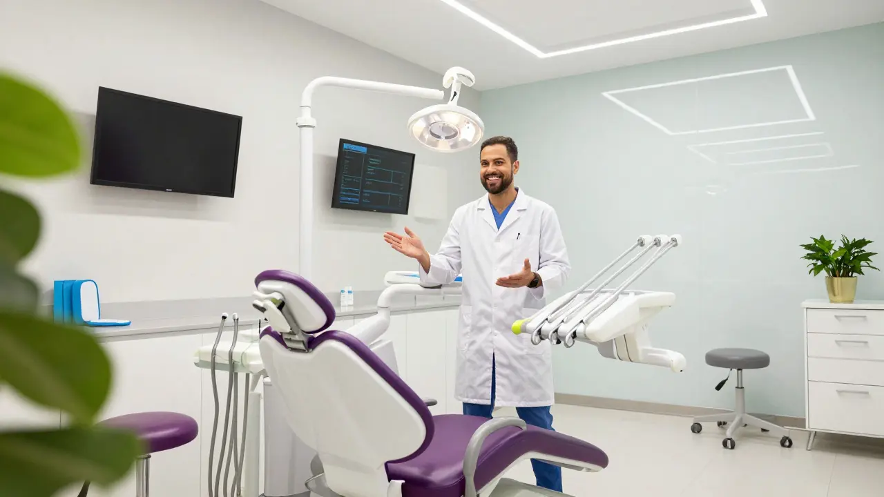Přátelský zubař vítá nového pacienta v moderní, světlé ordinaci