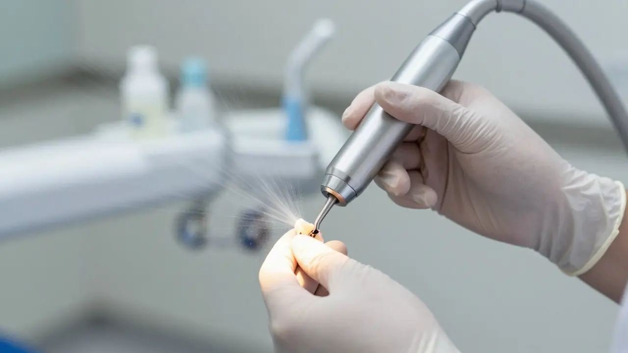 Stomatolog provádí profesionální ultrazvukové čištění zubů