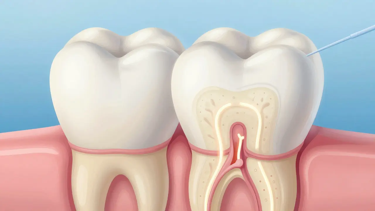 Umělecká ilustrace anatomie zubu s důrazem na sklovinu a dentin