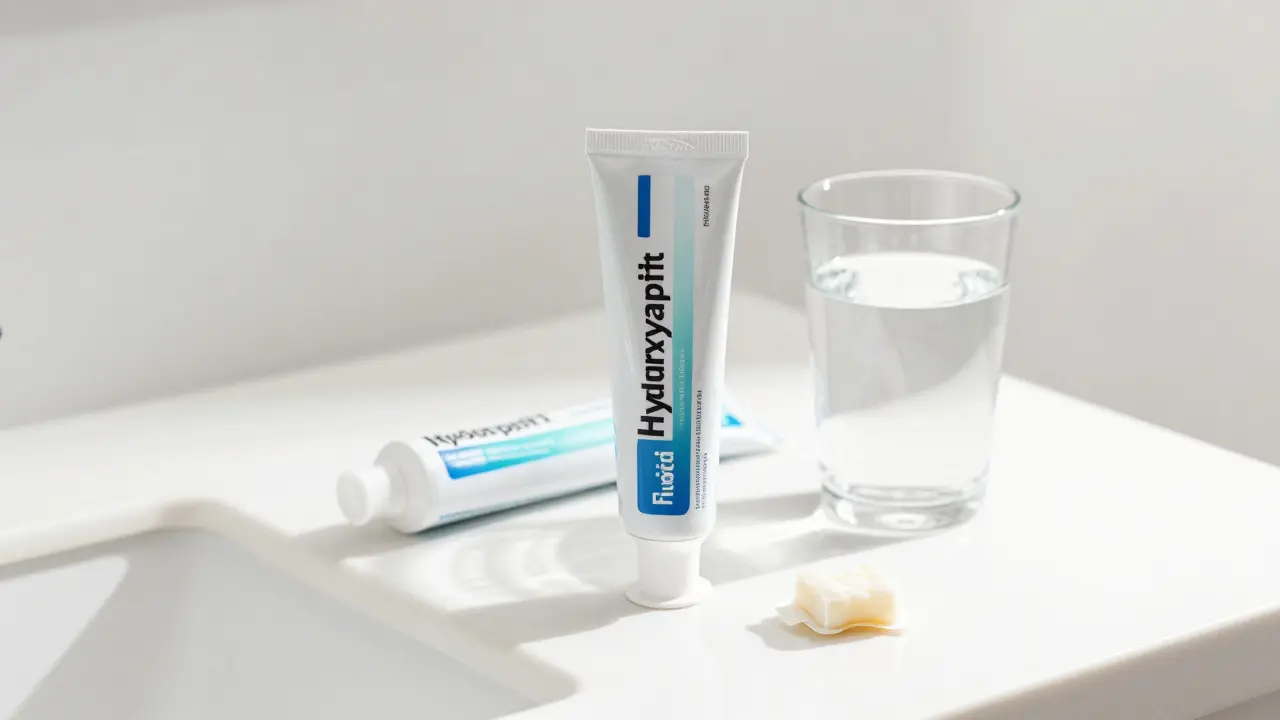 Zdravotnické produkty pro ústní hygienu, pasta s hydroxyapatitem a voda na stole