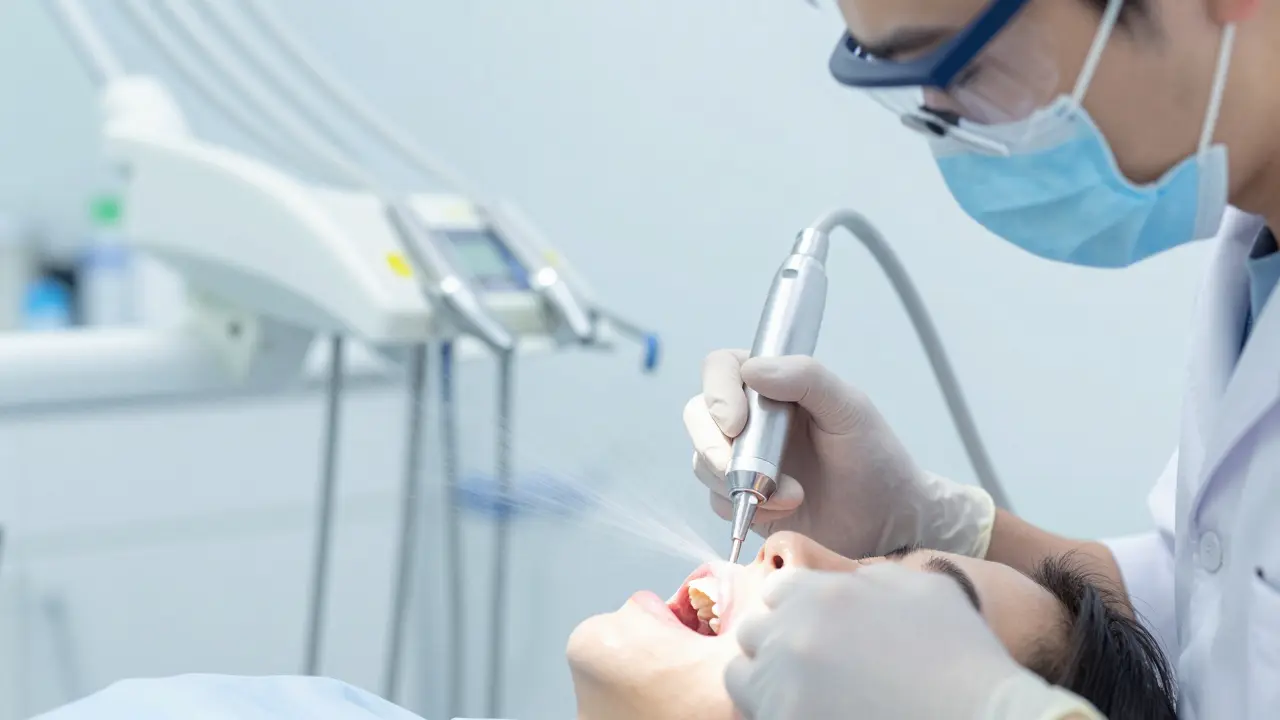 Zubní lékař provádí ultrazvukové čištění zubního kamene v ordinaci