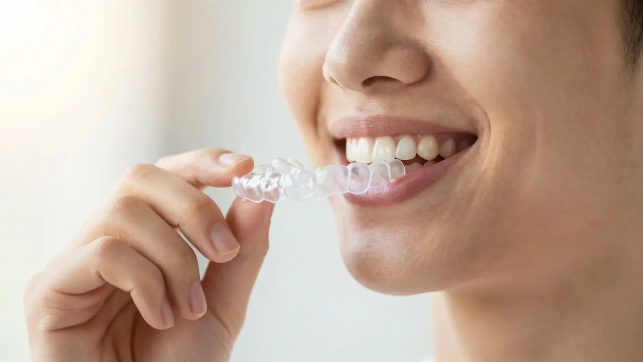 Důvěřivý úsměv po sundání transparentních náplastí rovnátek.
