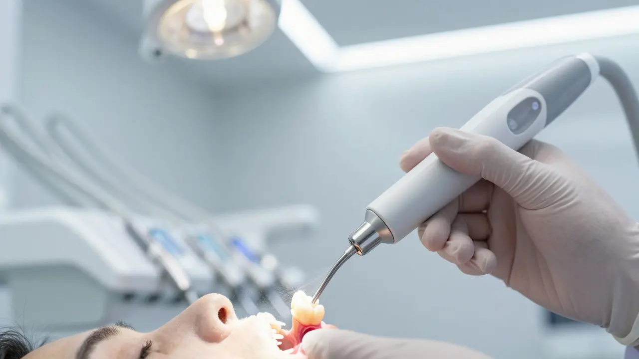 Zubní hygienik používá ultrazvukový skalpel k čištění zubů