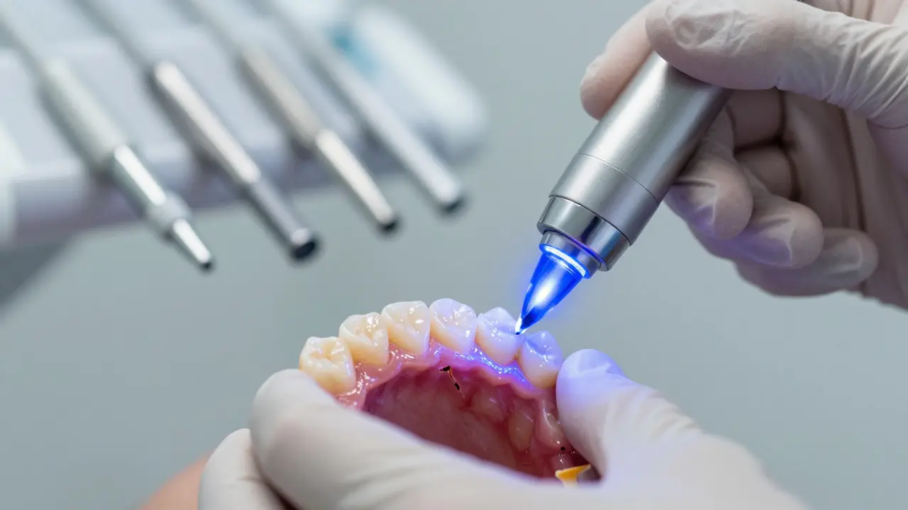 Zubní lékař diagnostikuje poškození skloviny speciálním světlem