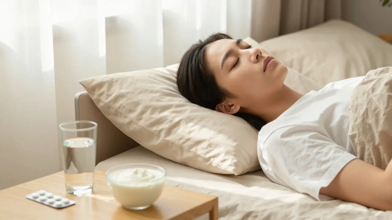 Člověk odpočívá s povznesenou hlavou a měkkou stravou vedle postele