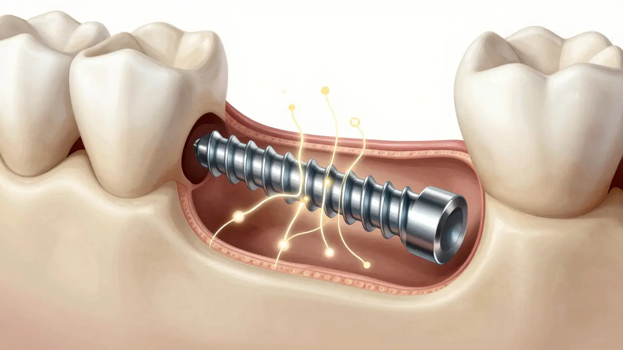 Ilustrace procesu srůstání titanového implantátu s kostí čelisti