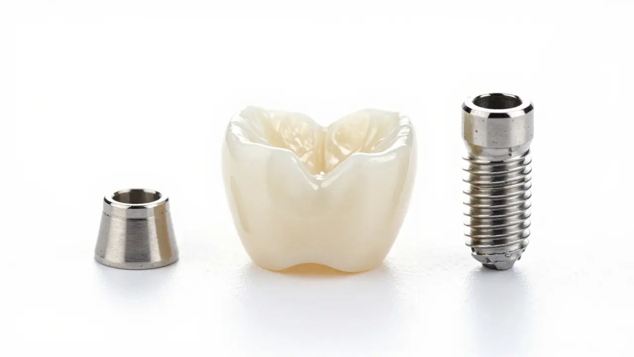 Keramická korunka a titanové součásti zubního implantátu