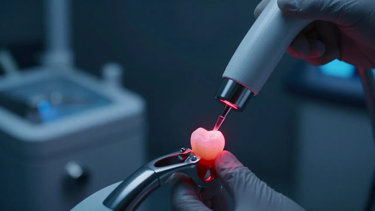 Laserové zařízení provádějící fluorescenční skenování povrchu zubu