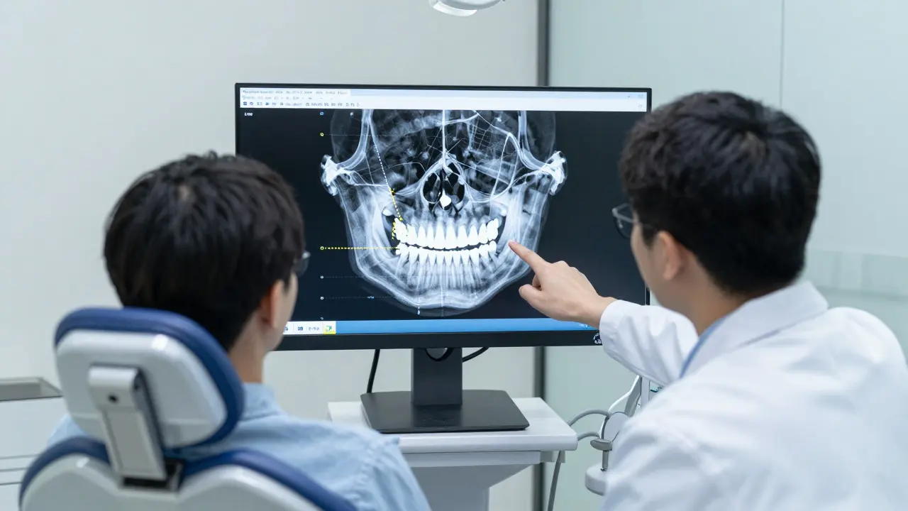 Pacient konzultuje 3D digitální rekonstrukci čelisti s lékařem v klinice
