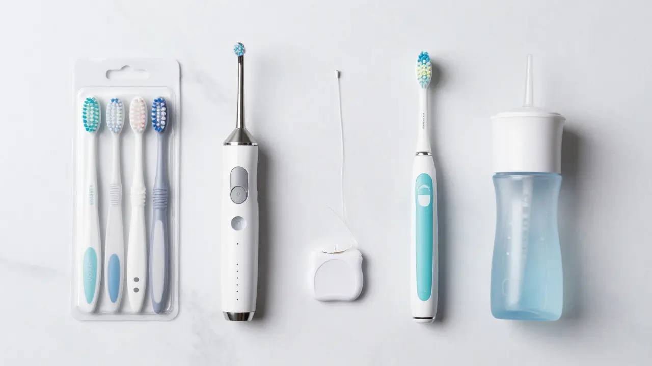Pět nástrojů pro ústní hygienu uspořádaných na mramorovém povrchu