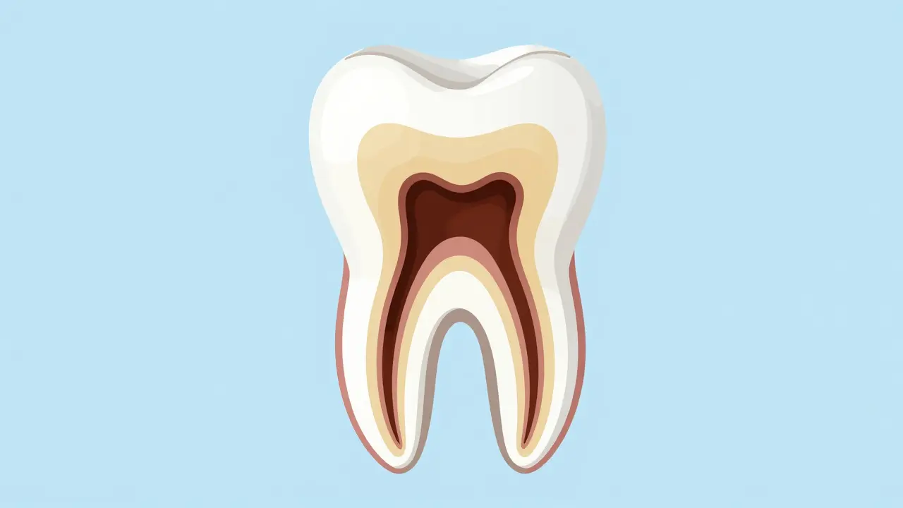 Schéma zubu ukazující skrytý kaz v hloubce dentinu pod emailovou vrstvou