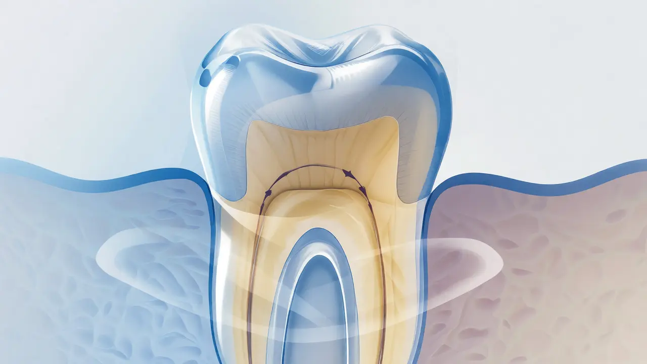 Ilustrace řezu zubem ukazující průsvitnou sklovinu nad žlutavým dentinem