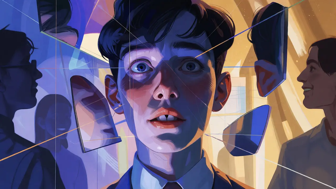 Konceptuální ilustrace vnímání symetrie obličeje a psychického dopadu diastémy
