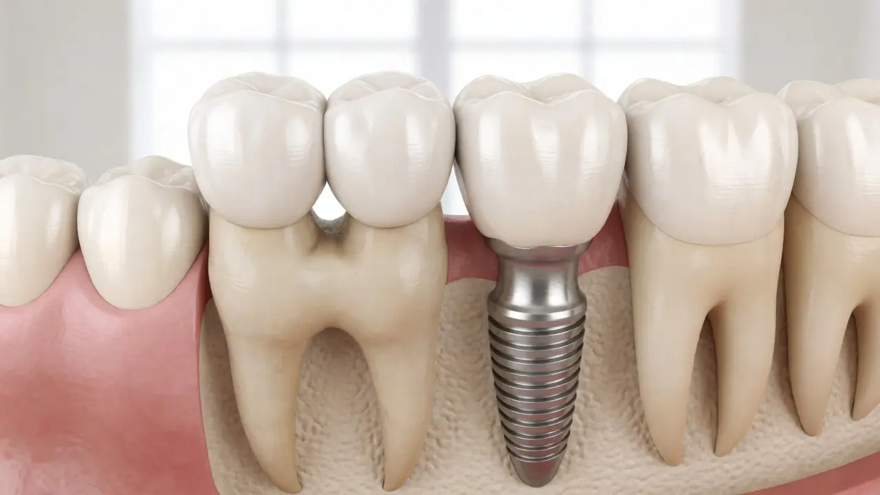 Porovnání zubního můstku zatěžujícího sousední zuby s nezávislým zubním implantátem.