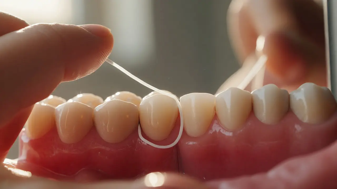 Použití dentální nitě mezi zuby v C-tvaru pro odstranění plaku