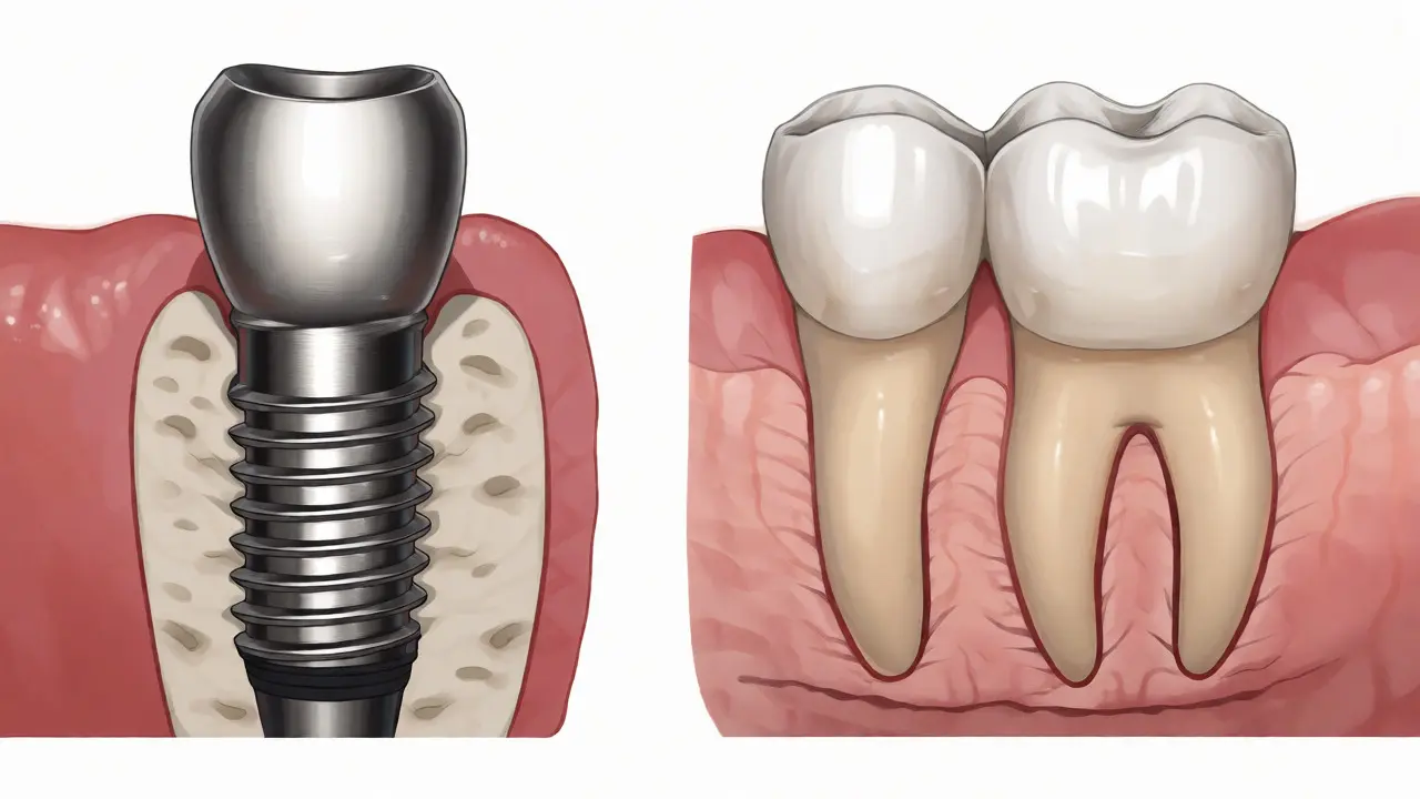 Srovnání zubního implantátu a můstku v řezu
