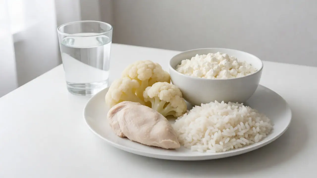 Teller s bílou dietou: kuře, rýže a tvaroh po bělení
